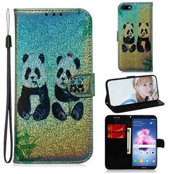 Two Pandas Laser Shining Leather Wallet Phone Case for Huawei Y5 Prime 2018 (Y5 2018 / Y5 Lite 2018)