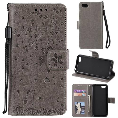 Embossing Cherry Blossom Cat Leather Wallet Case for Huawei Y5 Prime 2018 (Y5 2018 / Y5 Lite 2018) - Gray