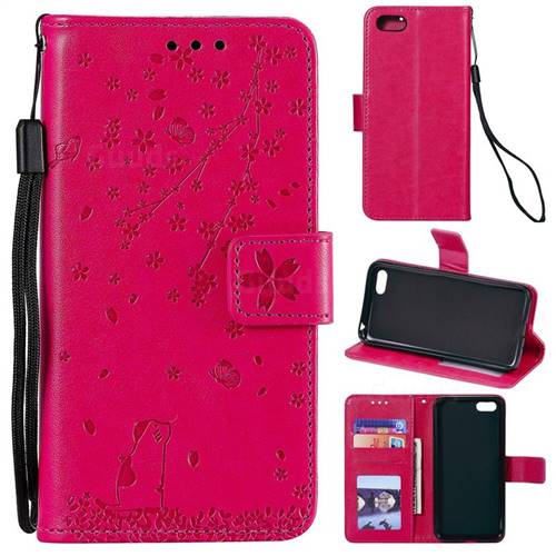 Embossing Cherry Blossom Cat Leather Wallet Case for Huawei Y5 Prime 2018 (Y5 2018 / Y5 Lite 2018) - Rose