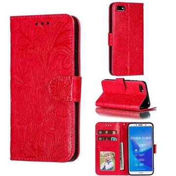 Intricate Embossing Lace Jasmine Flower Leather Wallet Case for Huawei Y5 Prime 2018 (Y5 2018 / Y5 Lite 2018) - Red