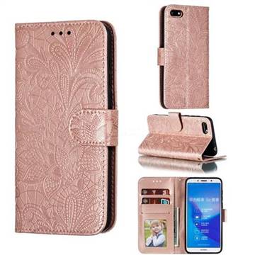 Intricate Embossing Lace Jasmine Flower Leather Wallet Case for Huawei Y5 Prime 2018 (Y5 2018 / Y5 Lite 2018) - Rose Gold