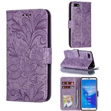 Intricate Embossing Lace Jasmine Flower Leather Wallet Case for Huawei Y5 Prime 2018 (Y5 2018 / Y5 Lite 2018) - Purple