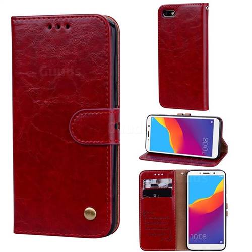 Luxury Retro Oil Wax PU Leather Wallet Phone Case for Huawei Y5 Prime 2018 (Y5 2018 / Y5 Lite 2018) - Brown Red