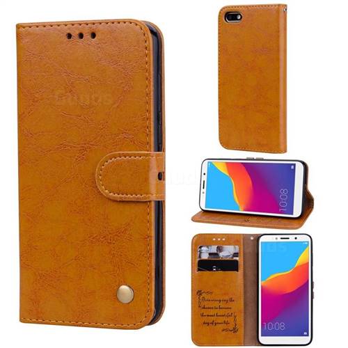 Luxury Retro Oil Wax PU Leather Wallet Phone Case for Huawei Y5 Prime 2018 (Y5 2018 / Y5 Lite 2018) - Orange Yellow