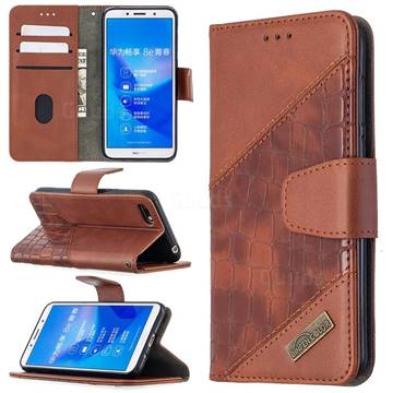 BinfenColor BF04 Color Block Stitching Crocodile Leather Case Cover for Huawei Y5 Prime 2018 (Y5 2018 / Y5 Lite 2018) - Brown