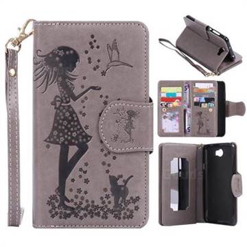 Embossing Cat Girl 9 Card Leather Wallet Case for Huawei Y5II Y5 2 Honor5 Honor Play 5 - Gray