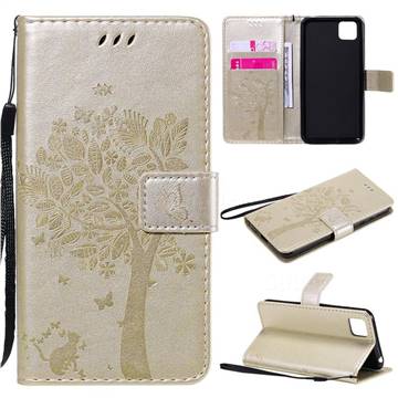 Embossing Butterfly Tree Leather Wallet Case for Huawei Y5p - Champagne