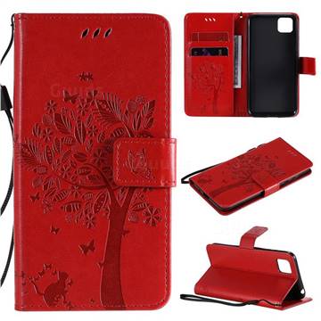 Embossing Butterfly Tree Leather Wallet Case for Huawei Y5p - Red