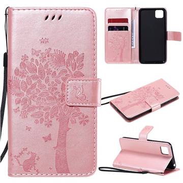 Embossing Butterfly Tree Leather Wallet Case for Huawei Y5p - Rose Pink