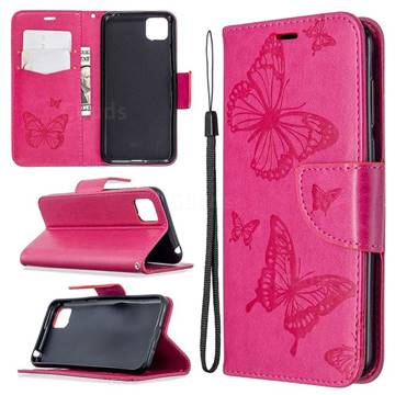 Embossing Double Butterfly Leather Wallet Case for Huawei Y5p - Red