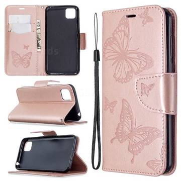 Embossing Double Butterfly Leather Wallet Case for Huawei Y5p - Rose Gold