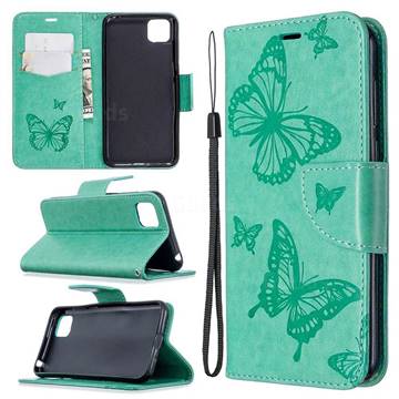 Embossing Double Butterfly Leather Wallet Case for Huawei Y5p - Green