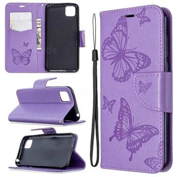 Embossing Double Butterfly Leather Wallet Case for Huawei Y5p - Purple