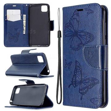 Embossing Double Butterfly Leather Wallet Case for Huawei Y5p - Dark Blue