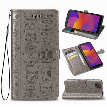 Embossing Dog Paw Kitten and Puppy Leather Wallet Case for Huawei Y5p - Gray