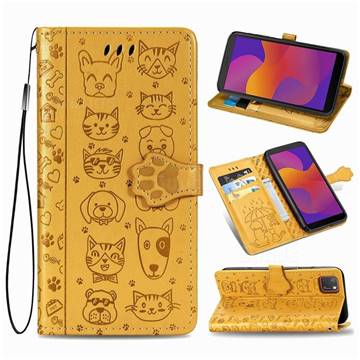 Embossing Dog Paw Kitten and Puppy Leather Wallet Case for Huawei Y5p - Yellow