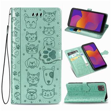 Embossing Dog Paw Kitten and Puppy Leather Wallet Case for Huawei Y5p - Green