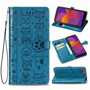 Embossing Dog Paw Kitten and Puppy Leather Wallet Case for Huawei Y5p - Blue