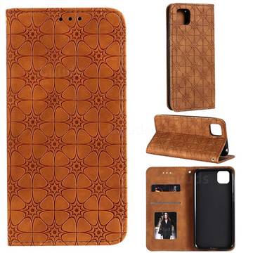 Intricate Embossing Four Leaf Clover Leather Wallet Case for Huawei Y5p - Yellowish Brown