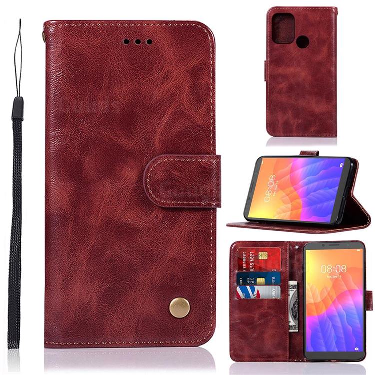 Luxury Retro Leather Wallet Case for Huawei Y5p - Wine Red