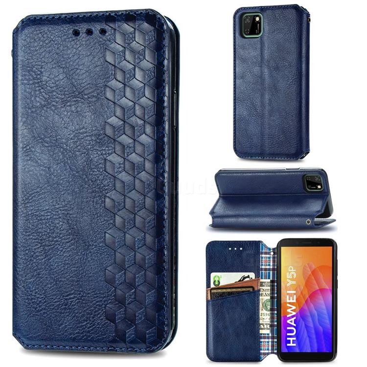 Ultra Slim Fashion Business Card Magnetic Automatic Suction Leather Flip Cover for Huawei Y5p - Dark Blue