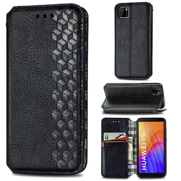 Ultra Slim Fashion Business Card Magnetic Automatic Suction Leather Flip Cover for Huawei Y5p - Black
