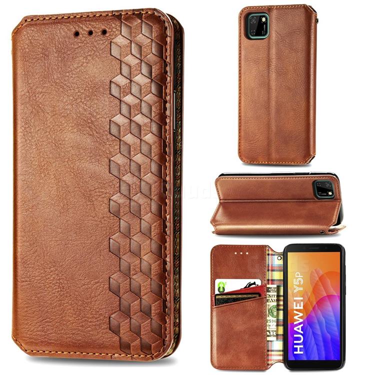 Ultra Slim Fashion Business Card Magnetic Automatic Suction Leather Flip Cover for Huawei Y5p - Brown