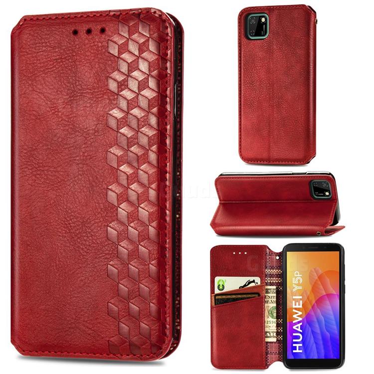 Ultra Slim Fashion Business Card Magnetic Automatic Suction Leather Flip Cover for Huawei Y5p - Red