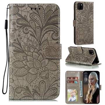 Intricate Embossing Lace Jasmine Flower Leather Wallet Case for Huawei Y5p - Gray