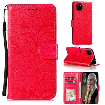 Intricate Embossing Lace Jasmine Flower Leather Wallet Case for Huawei Y5p - Red