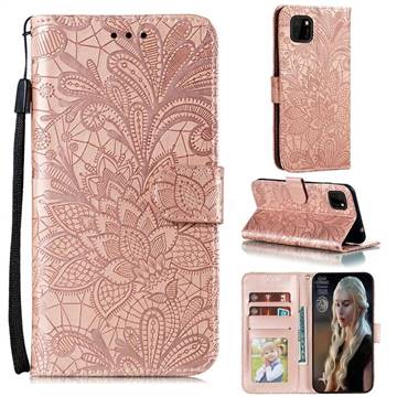 Intricate Embossing Lace Jasmine Flower Leather Wallet Case for Huawei Y5p - Rose Gold