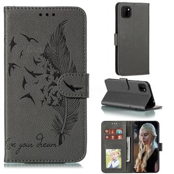 Intricate Embossing Lychee Feather Bird Leather Wallet Case for Huawei Y5p - Gray