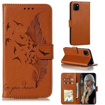 Intricate Embossing Lychee Feather Bird Leather Wallet Case for Huawei Y5p - Brown