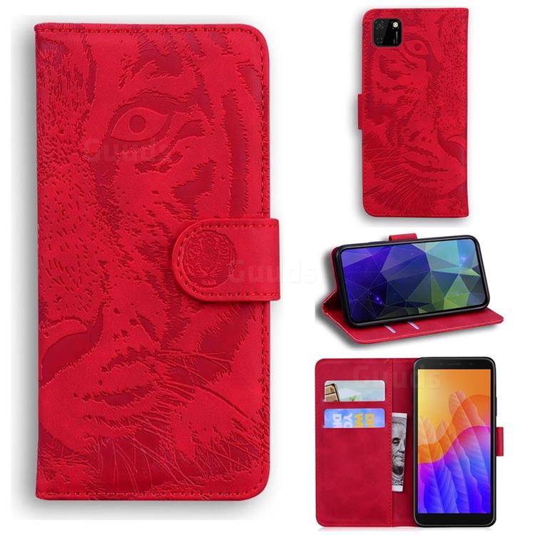 Intricate Embossing Tiger Face Leather Wallet Case for Huawei Y5p - Red