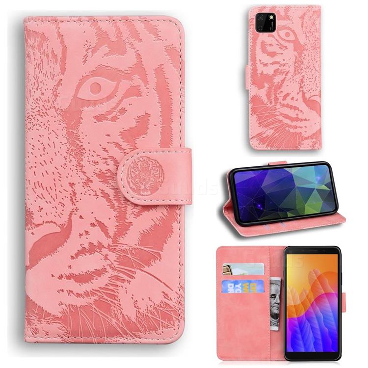 Intricate Embossing Tiger Face Leather Wallet Case for Huawei Y5p - Pink