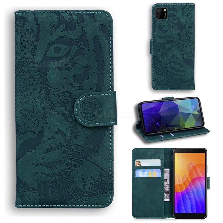 Intricate Embossing Tiger Face Leather Wallet Case for Huawei Y5p - Green