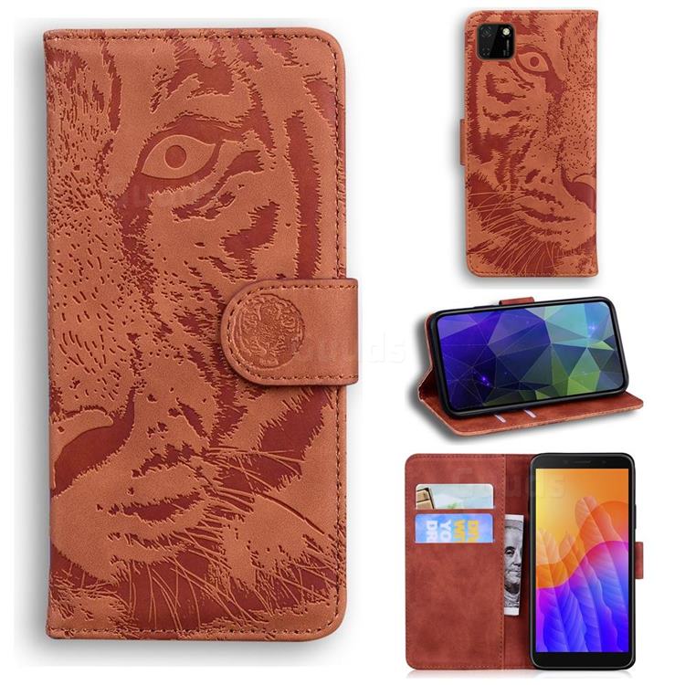 Intricate Embossing Tiger Face Leather Wallet Case for Huawei Y5p - Brown