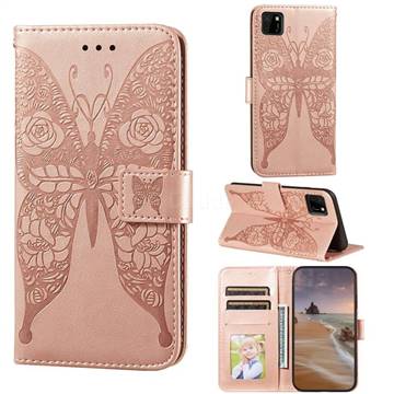 Intricate Embossing Rose Flower Butterfly Leather Wallet Case for Huawei Y5p - Rose Gold