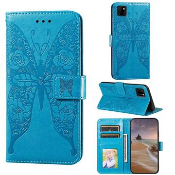 Intricate Embossing Rose Flower Butterfly Leather Wallet Case for Huawei Y5p - Blue