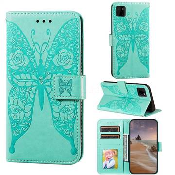 Intricate Embossing Rose Flower Butterfly Leather Wallet Case for Huawei Y5p - Green