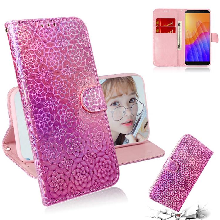 Laser Circle Shining Leather Wallet Phone Case for Huawei Y5p - Pink