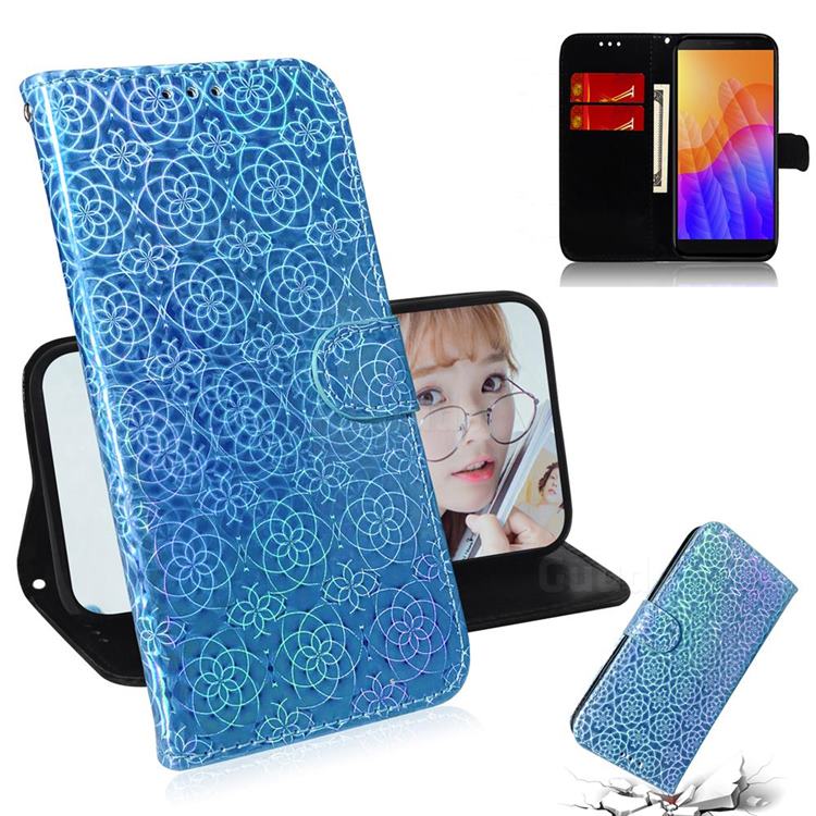 Laser Circle Shining Leather Wallet Phone Case for Huawei Y5p - Blue