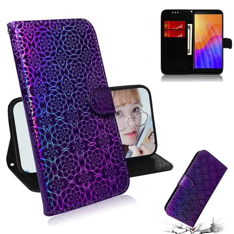 Laser Circle Shining Leather Wallet Phone Case for Huawei Y5p - Purple