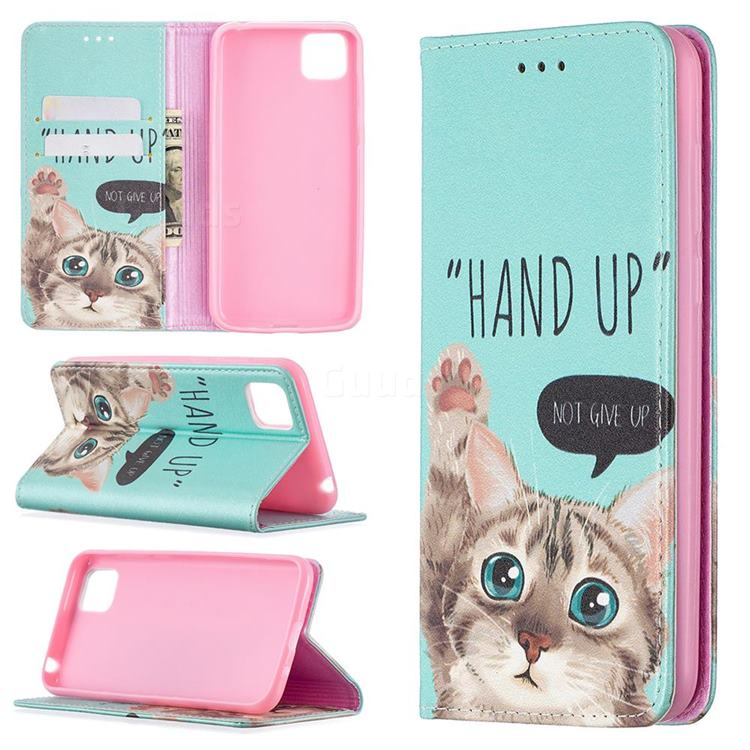Hand Up Cat Slim Magnetic Attraction Wallet Flip Cover for Huawei Y5p