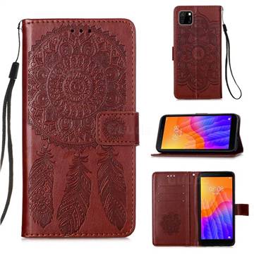 Embossing Dream Catcher Mandala Flower Leather Wallet Case for Huawei Y5p - Brown