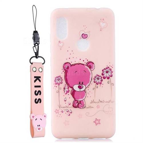 Pink Flower Bear Soft Kiss Candy Hand Strap Silicone Case for Huawei Y6 (2019)
