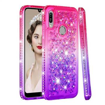 Diamond Frame Liquid Glitter Quicksand Sequins Phone Case for Huawei Y6 (2019) - Pink Purple