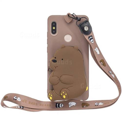 Brown Bear Neck Lanyard Zipper Wallet Silicone Case for Huawei Y6 (2019)