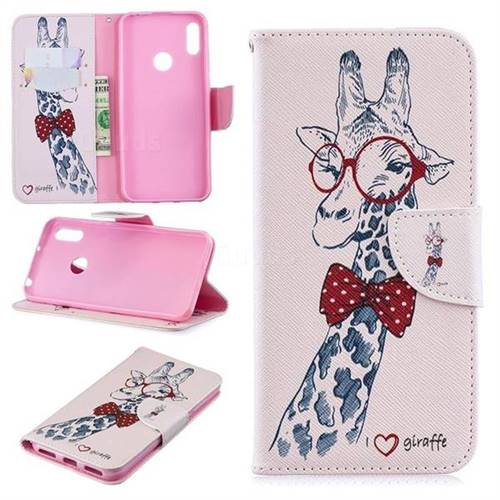 Glasses Giraffe Leather Wallet Case for Huawei Y6 (2019)