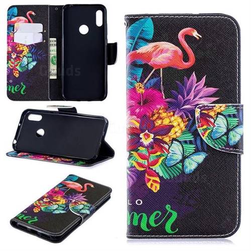Flowers Flamingos Leather Wallet Case for Huawei Y6 (2019)